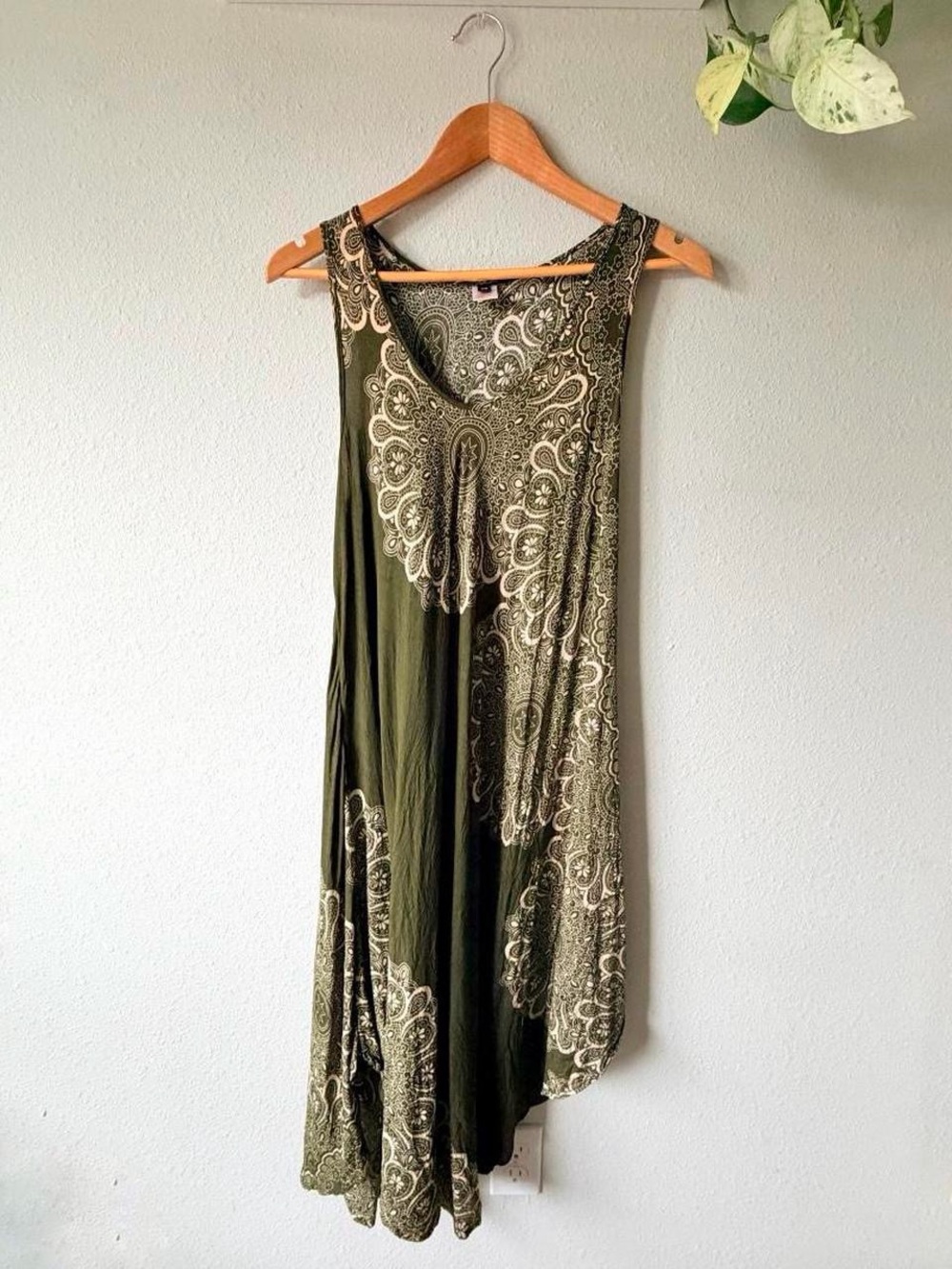 Y2K olive green boho rayon tank dress with mandala paisley print and flowy hem